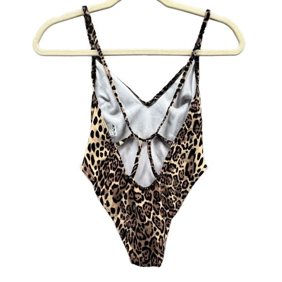ASOS Swimsuit Womens 00 P Tan Black Leopard One Piece Ribbed Mob Wife Strappy - Picture 3 of 11
